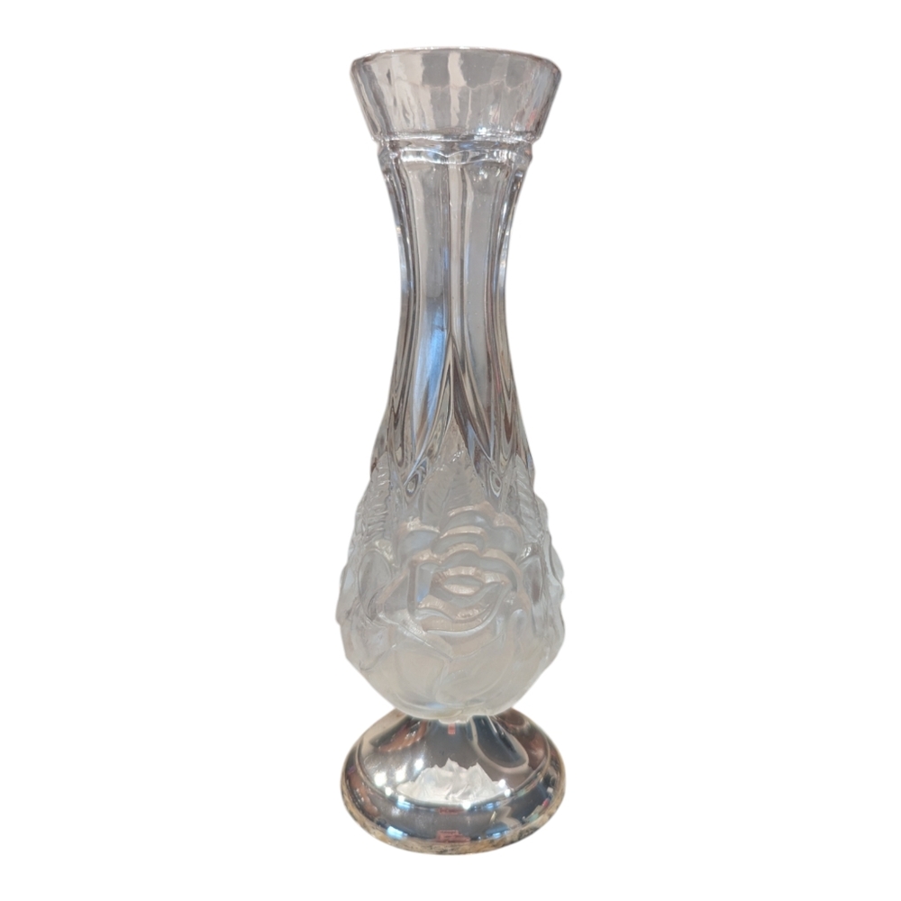 Vintage Frosted Sculpted Rose Silver Footed Bud 8"